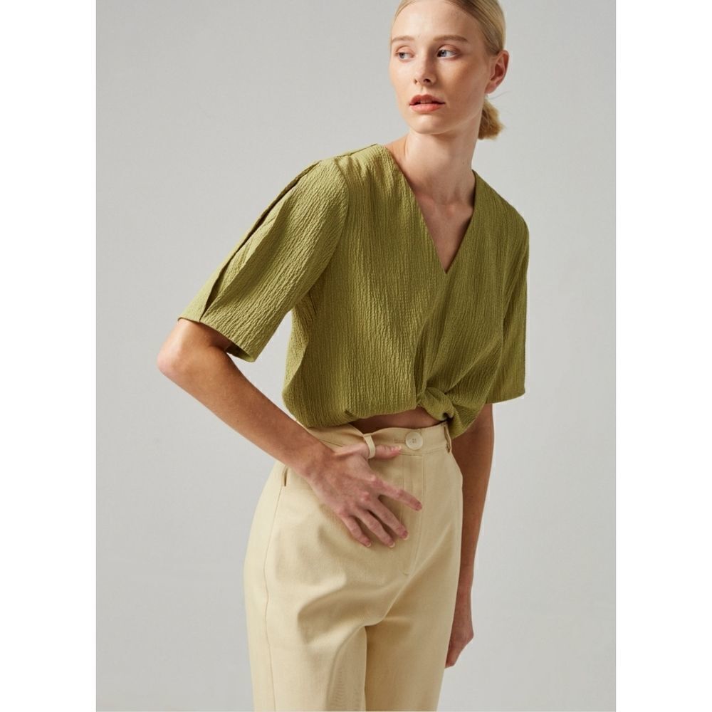 Our Second Nature Green Textured Tie Front Wrap Top
